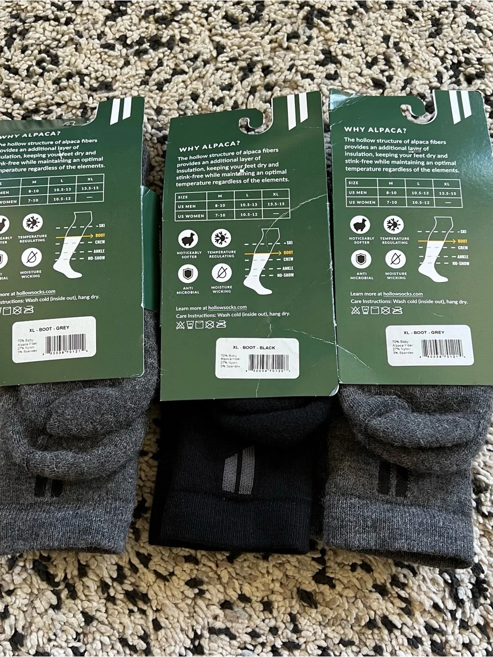 Hollow Alpaca Socks Boot Lot of 3 Pair Grey Black Size XL